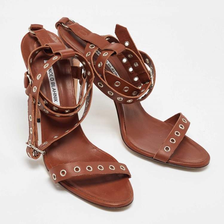 Pre Owned Manolo Blahnik Brown Leather Eyelet Ankle Strap Sandals Size 40.5