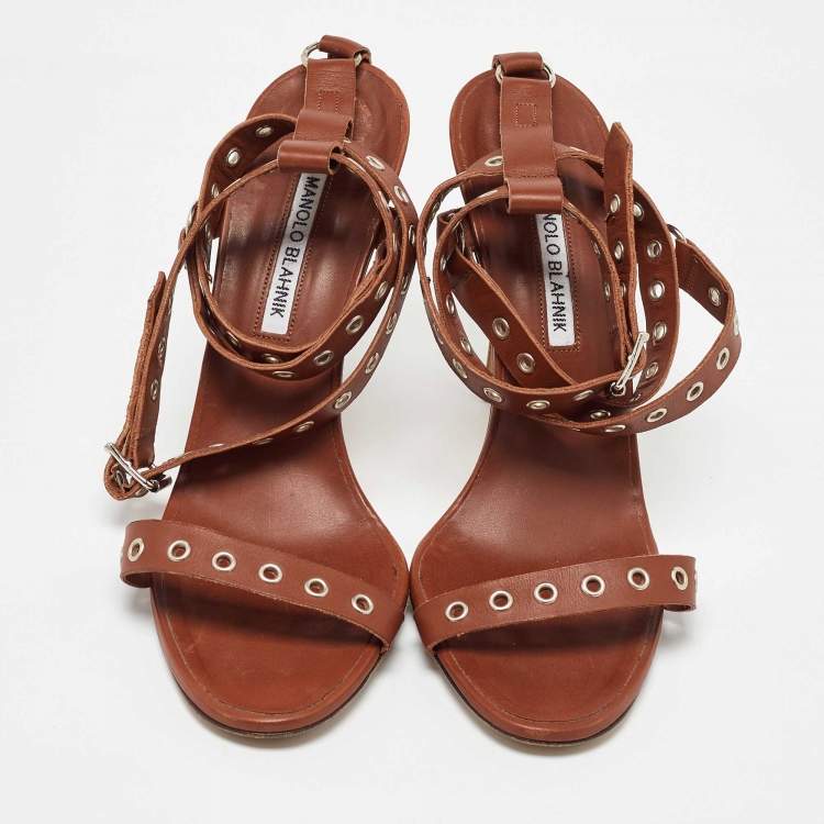 Pre Owned Manolo Blahnik Brown Leather Eyelet Ankle Strap Sandals Size 40.5