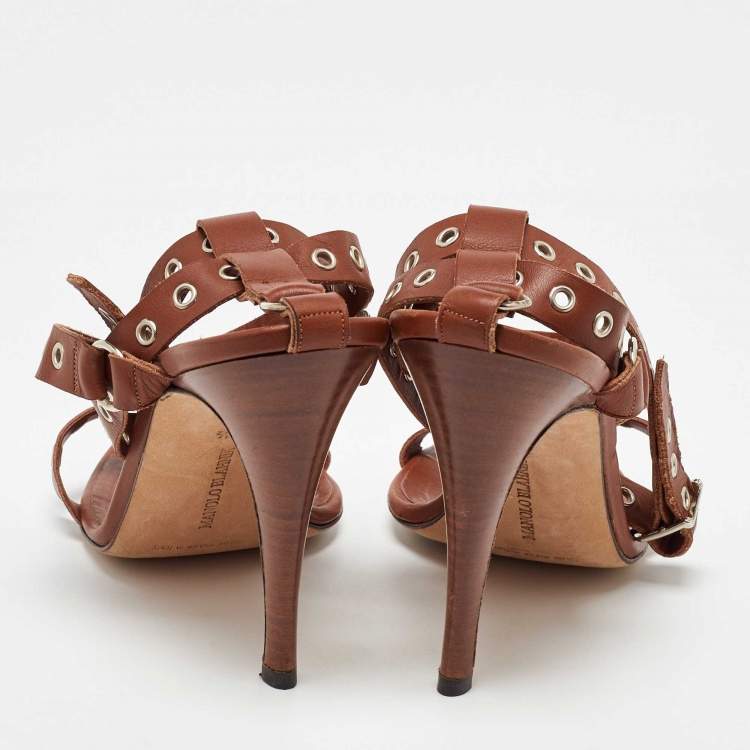 Pre Owned Manolo Blahnik Brown Leather Eyelet Ankle Strap Sandals Size 40.5