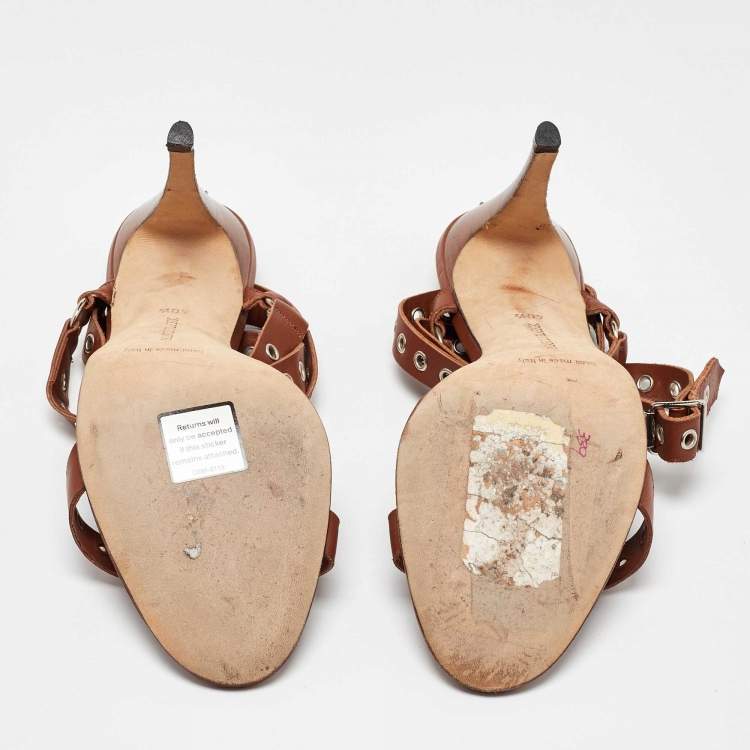 Pre Owned Manolo Blahnik Brown Leather Eyelet Ankle Strap Sandals Size 40.5
