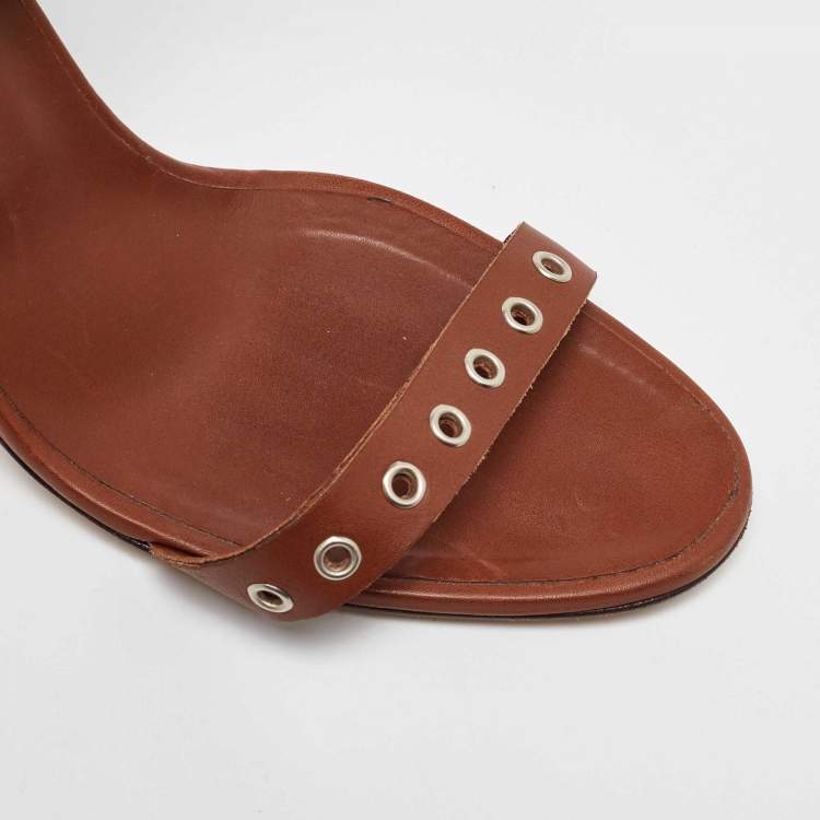 Pre Owned Manolo Blahnik Brown Leather Eyelet Ankle Strap Sandals Size 40.5