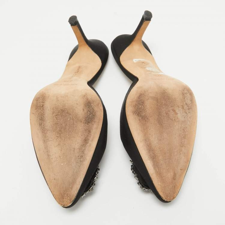Pre Owned Manolo Blahnik Black Satin Hangisi Mules Size 37.5