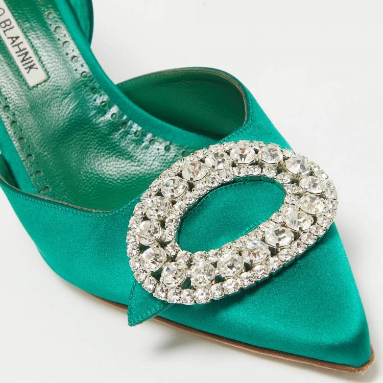 Pre Owned Manolo Blahnik Green Satin Fiboslac Slingback Pumps Size 40