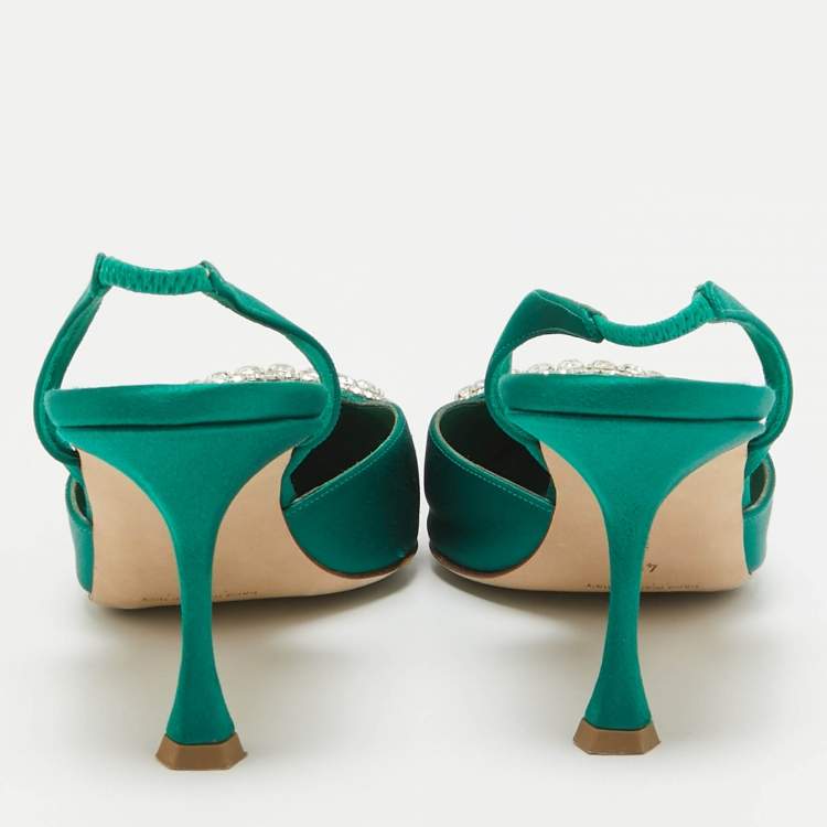 Pre Owned Manolo Blahnik Green Satin Fiboslac Slingback Pumps Size 40