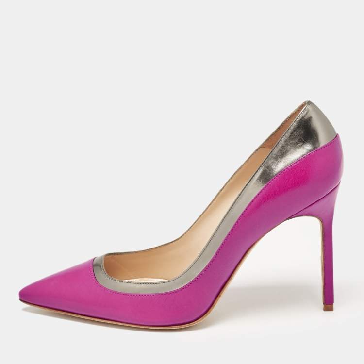 Pre Owned Manolo Blahnik Purple/Metallic Grey Leather Pointed Toe Pumps Size 38