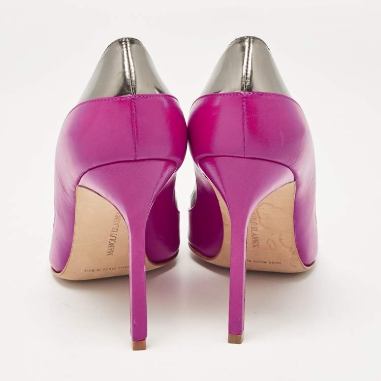 Pre Owned Manolo Blahnik Purple/Metallic Grey Leather Pointed Toe Pumps Size 38