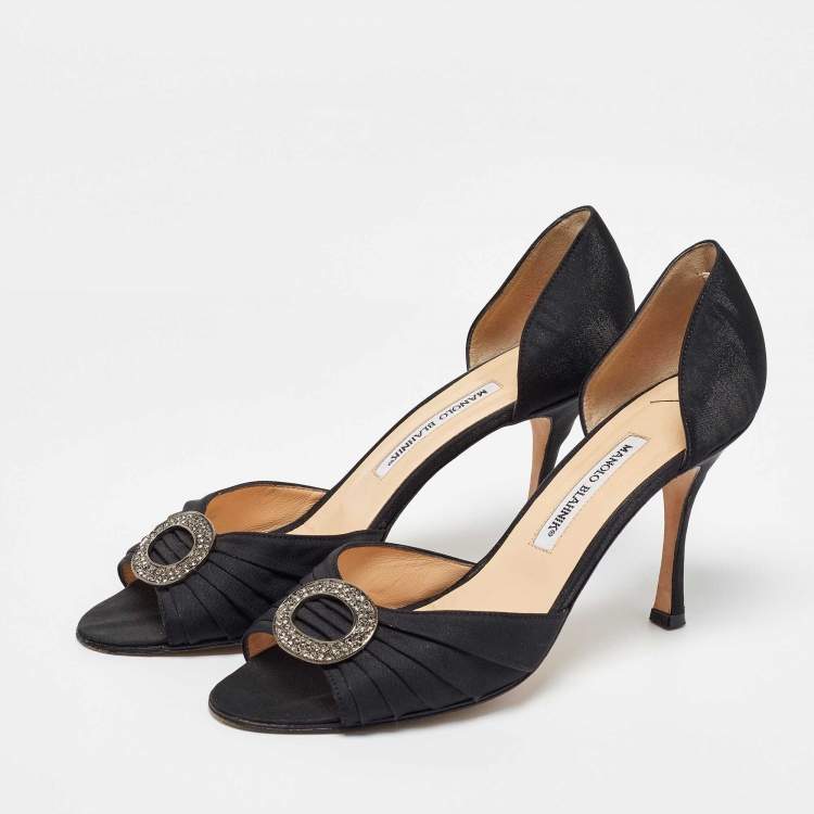 Pre Owned Manolo Blahnik Black Satin Pleated Sedaraby D'orsay Pumps Size 40.5