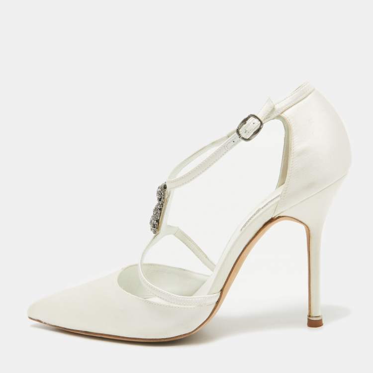 Pre Owned Manolo Blahnik White Satin Strappy D'orsay Pumps Size 40