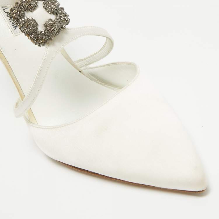 Pre Owned Manolo Blahnik White Satin Strappy D'orsay Pumps Size 40