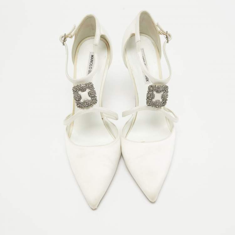 Pre Owned Manolo Blahnik White Satin Strappy D'orsay Pumps Size 40