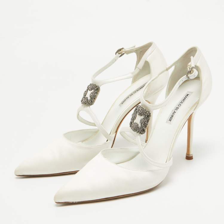 Pre Owned Manolo Blahnik White Satin Strappy D'orsay Pumps Size 40