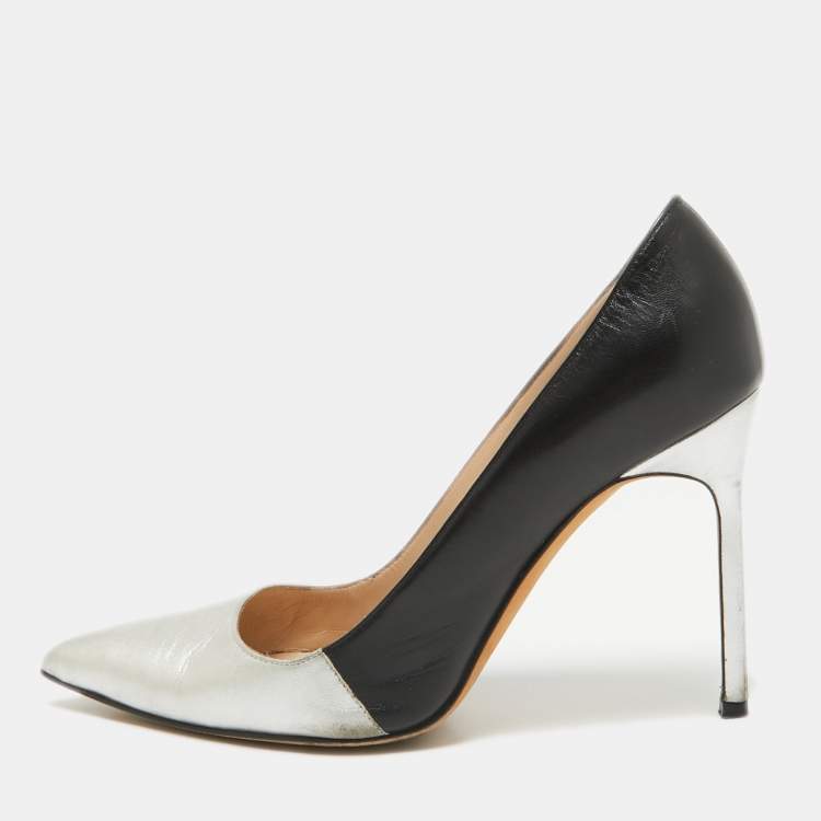 Pre Owned Manolo Blahnik Silver/Black Leather BB Pumps Size 36.5