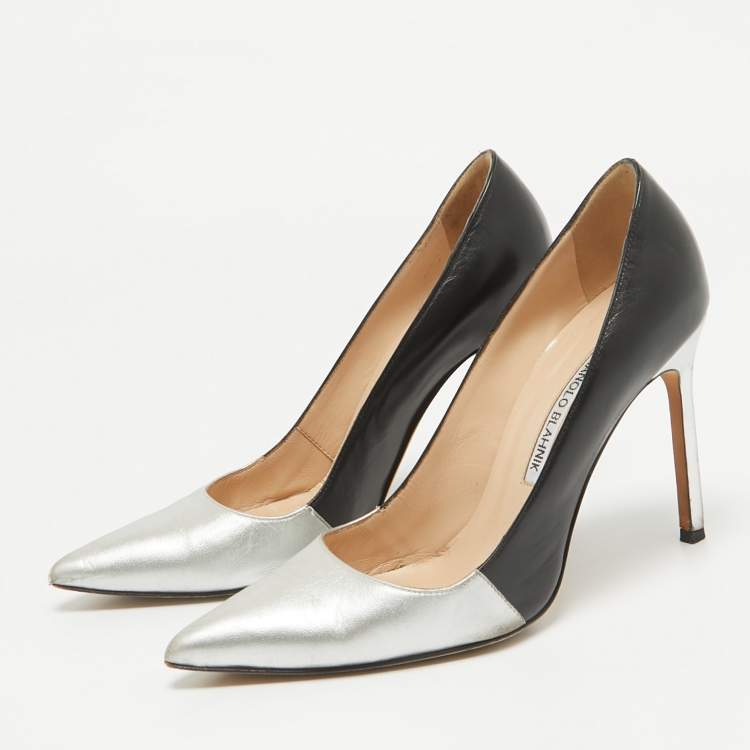 Pre Owned Manolo Blahnik Silver/Black Leather BB Pumps Size 36.5