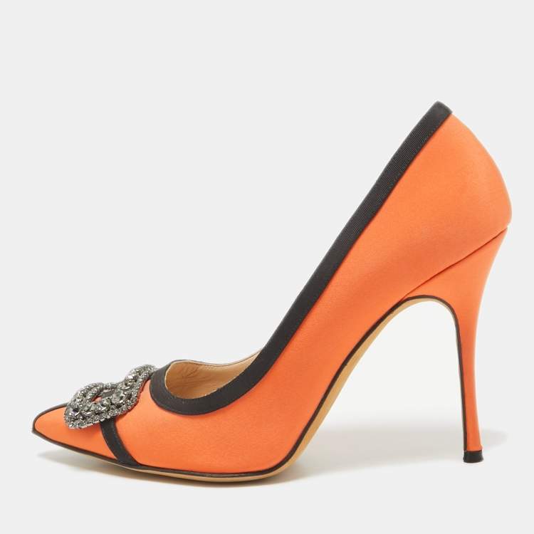 Manolo Blahnik Orange Black Satin Gotrian Pumps Size 38.5 Manolo Blahnik The Luxury Closet