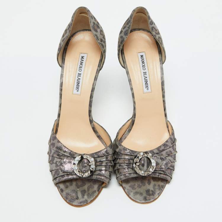 Pre Owned Manolo Blahnik Grey Leopard Print Suede Sedaraby D'Orsay Pumps Size 40.5