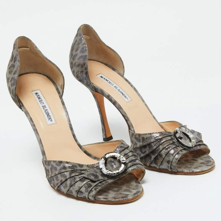 Pre Owned Manolo Blahnik Grey Leopard Print Suede Sedaraby D'Orsay Pumps Size 40.5