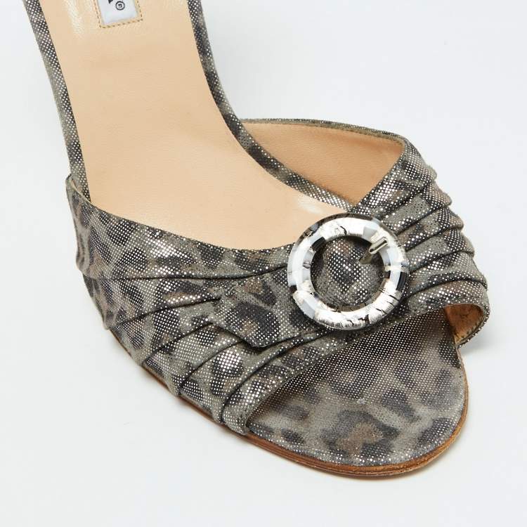 Pre Owned Manolo Blahnik Grey Leopard Print Suede Sedaraby D'Orsay Pumps Size 40.5