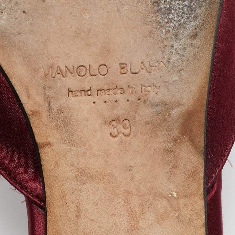 Pre Owned Manolo Blahnik Burgundy Satin Hangisi Crystal Embellished Flat Mules Size 39