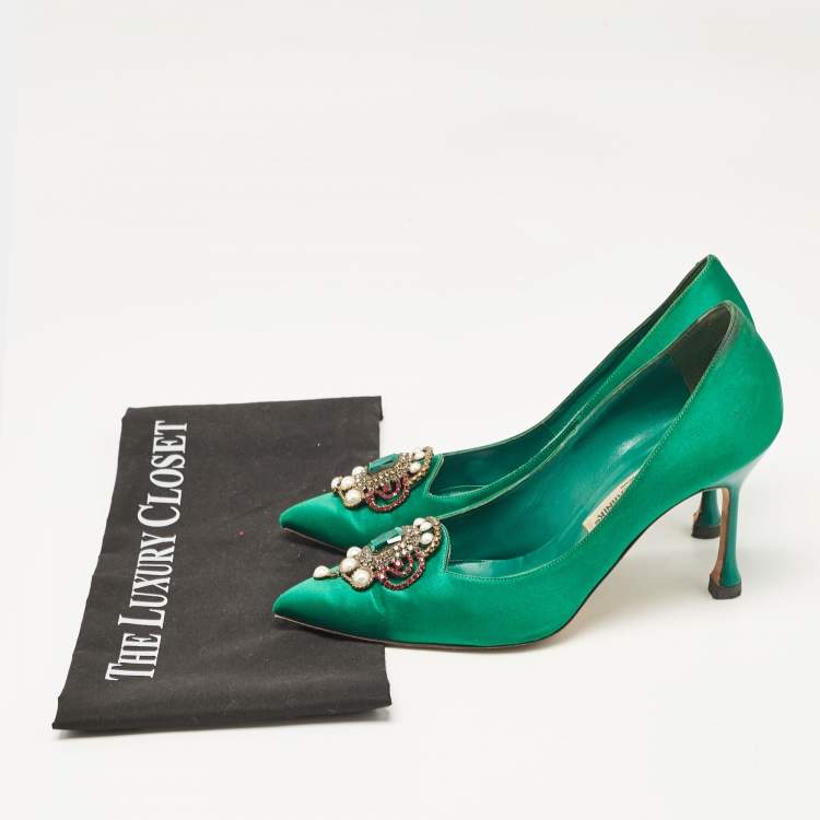 Pre Owned Manolo Blahnik Green Satin Eufrasia Pumps Size 37.5