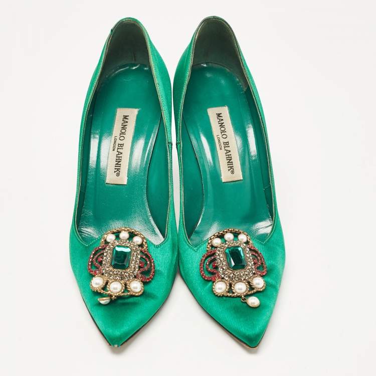 Pre Owned Manolo Blahnik Green Satin Eufrasia Pumps Size 37.5