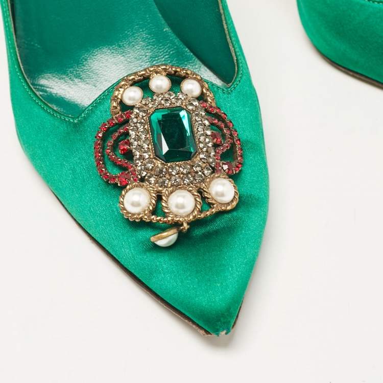 Pre Owned Manolo Blahnik Green Satin Eufrasia Pumps Size 37.5