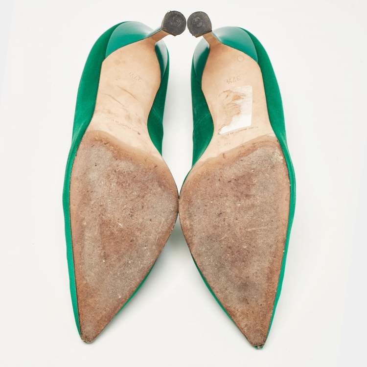 Pre Owned Manolo Blahnik Green Satin Eufrasia Pumps Size 37.5