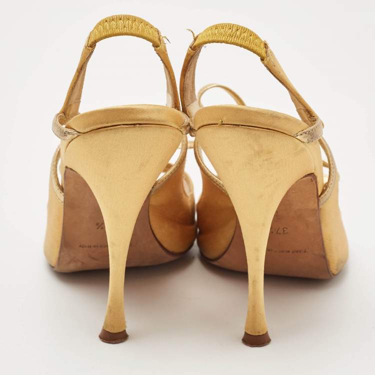 Pre Owned Manolo Blahnik Gold Satin and Leather Bow Slingback Sandals Size 37.5