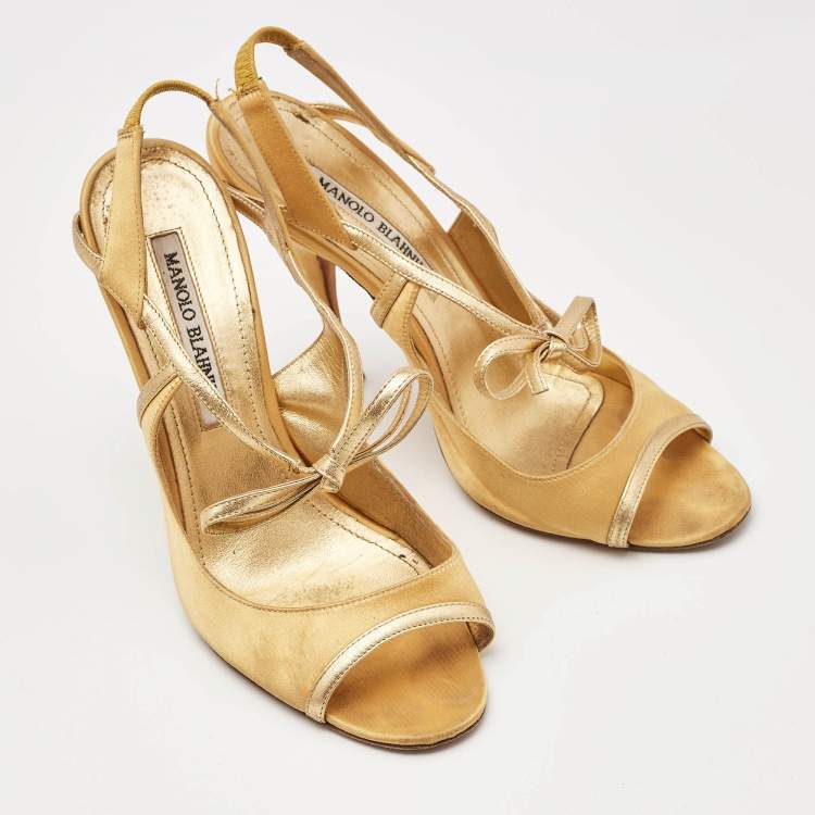 Pre Owned Manolo Blahnik Gold Satin and Leather Bow Slingback Sandals Size 37.5