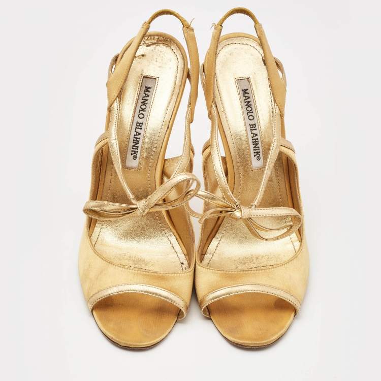Pre Owned Manolo Blahnik Gold Satin and Leather Bow Slingback Sandals Size 37.5
