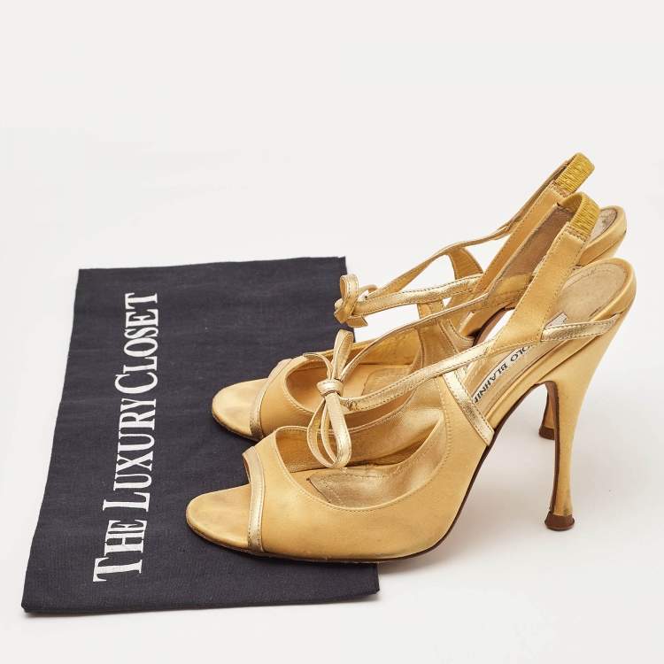 Pre Owned Manolo Blahnik Gold Satin and Leather Bow Slingback Sandals Size 37.5