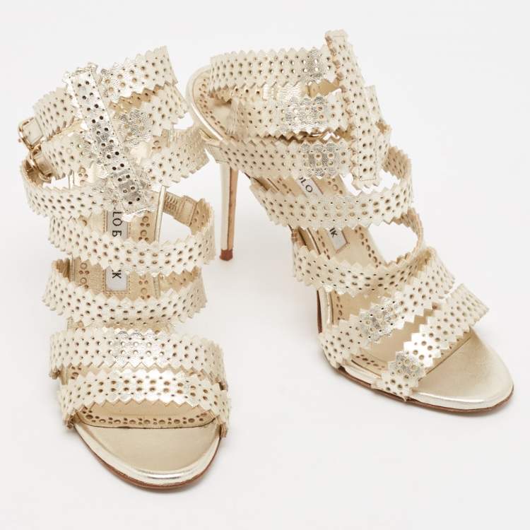 Pre Owned Manolo Blahnik Gold Leather Ankle Strap Sandals Size 37.5