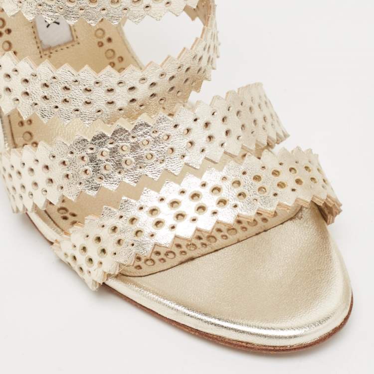 Pre Owned Manolo Blahnik Gold Leather Ankle Strap Sandals Size 37.5