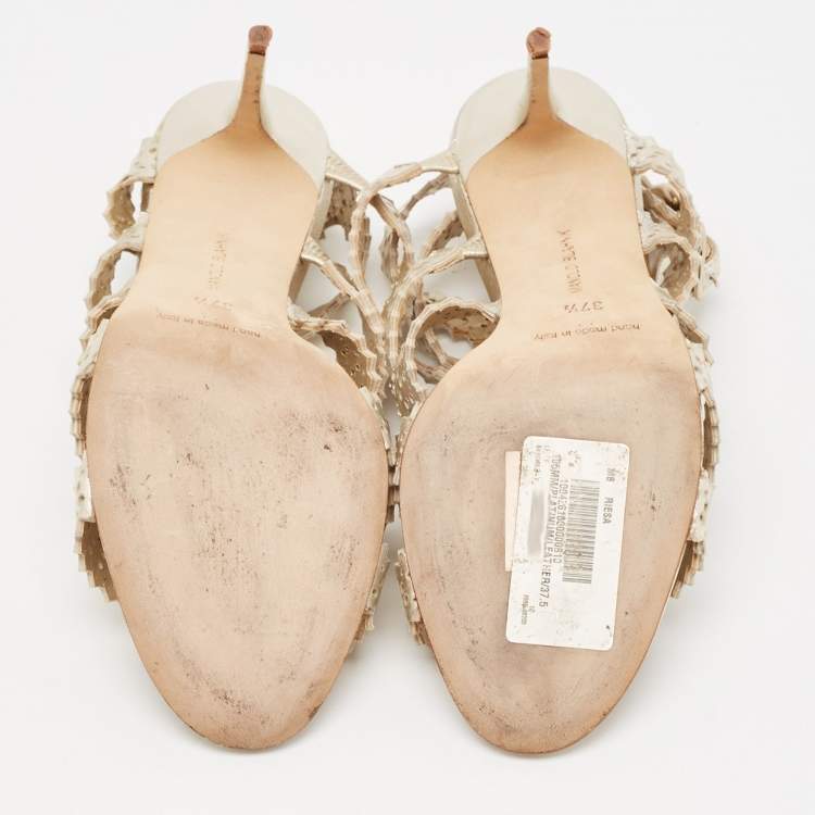 Pre Owned Manolo Blahnik Gold Leather Ankle Strap Sandals Size 37.5