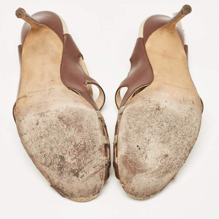 Pre Owned Manolo Blahnik Brown/Beige Canvas and Leather Strappy Slingback Sandals Size 37.5