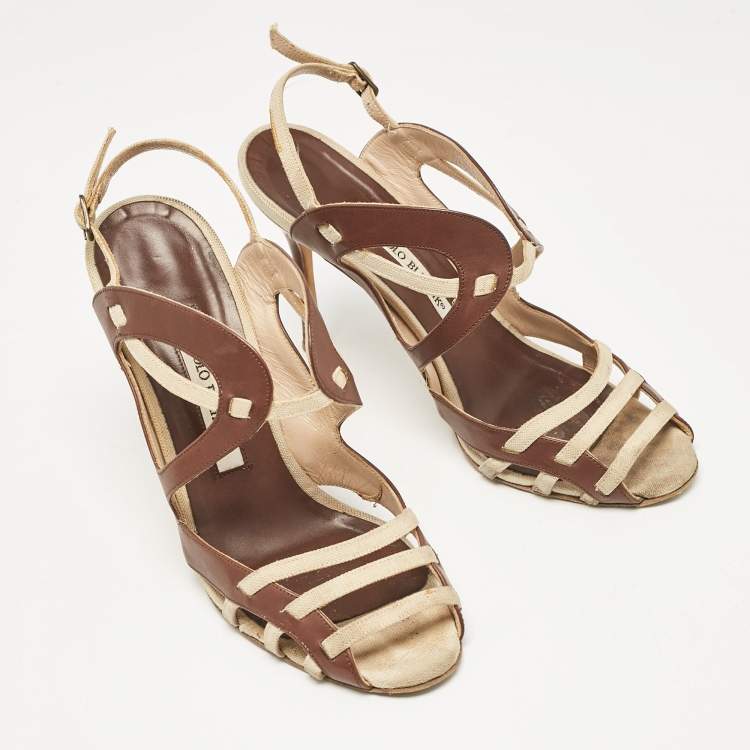 Pre Owned Manolo Blahnik Brown/Beige Canvas and Leather Strappy Slingback Sandals Size 37.5
