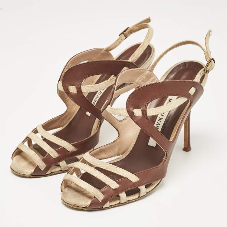 Pre Owned Manolo Blahnik Brown/Beige Canvas and Leather Strappy Slingback Sandals Size 37.5