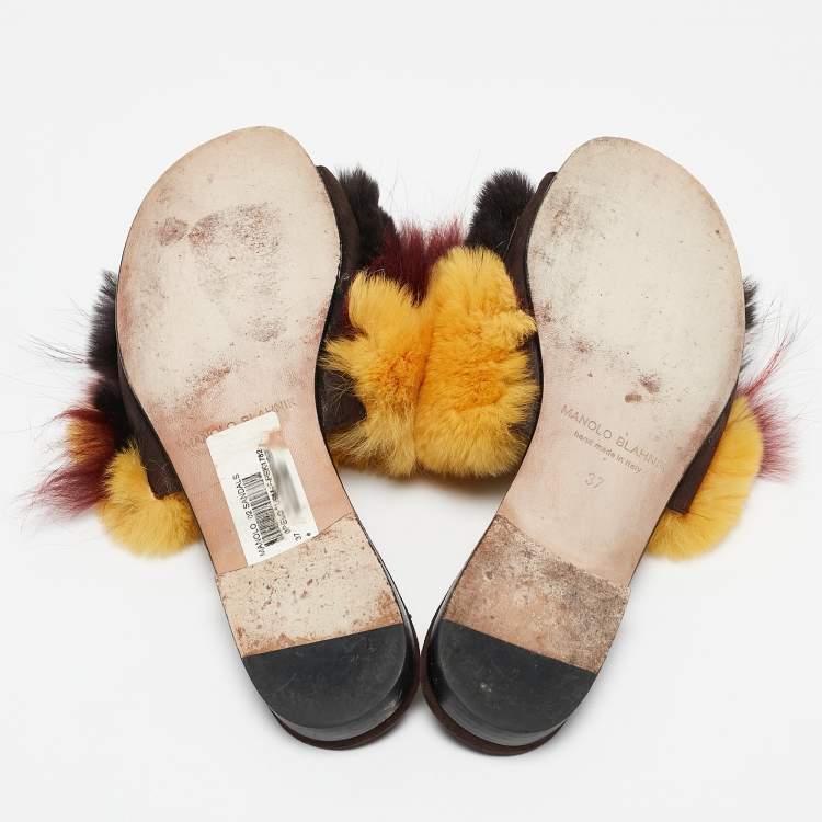 Pre Owned Manolo Blahnik Multicolor Mink Fur Slide Sandals Size 37