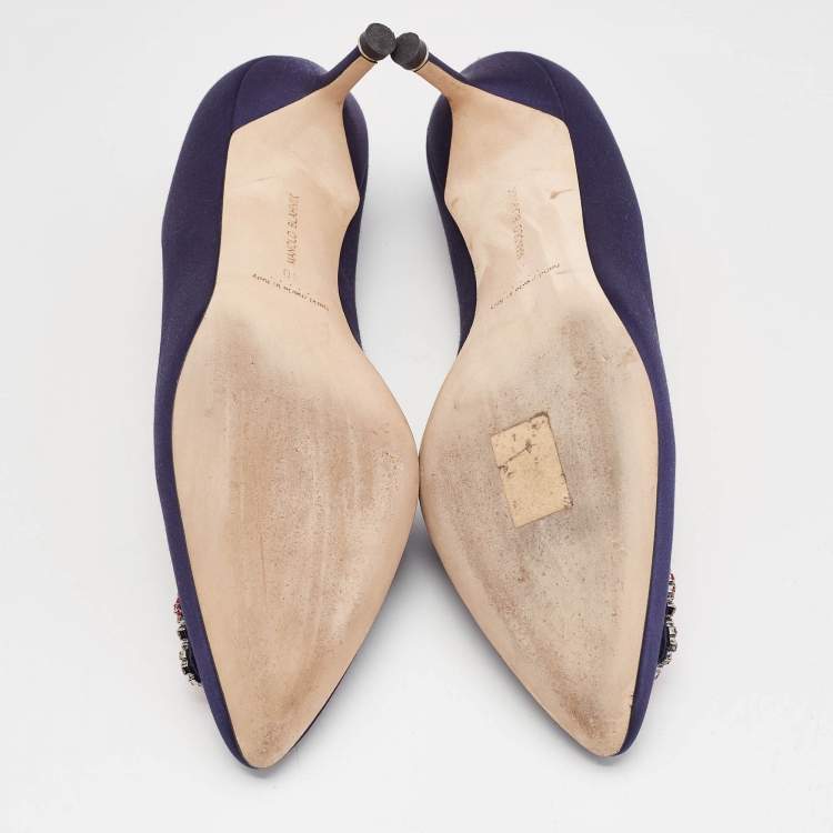 Pre Owned Manolo Blahnik Navy Blue Satin Hangisi Pumps Size 40