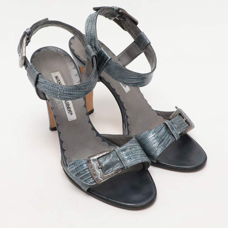 Pre Owned Manolo Blahnik Metallic Blue Lizard Embossed Leather Ankle Strap Sandals Size 38.5