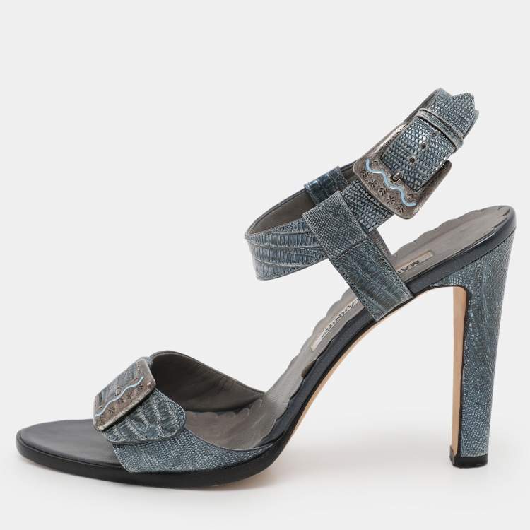 Manolo Blahnik Metallic Blue Lizard Embossed Leather Ankle Strap Sandals Size 38.5 Manolo Blahnik TLC