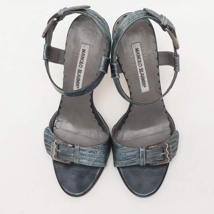 Pre Owned Manolo Blahnik Metallic Blue Lizard Embossed Leather Ankle Strap Sandals Size 38.5