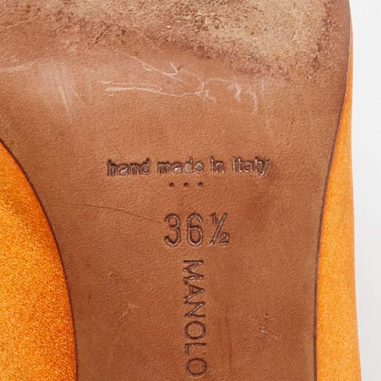 Pre Owned Manolo Blahnik Orange Satin Hangisi Crystal Embellished Pumps Size 36.5