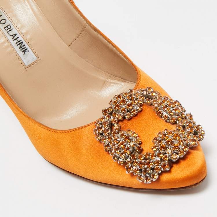 Pre Owned Manolo Blahnik Orange Satin Hangisi Crystal Embellished Pumps Size 36.5