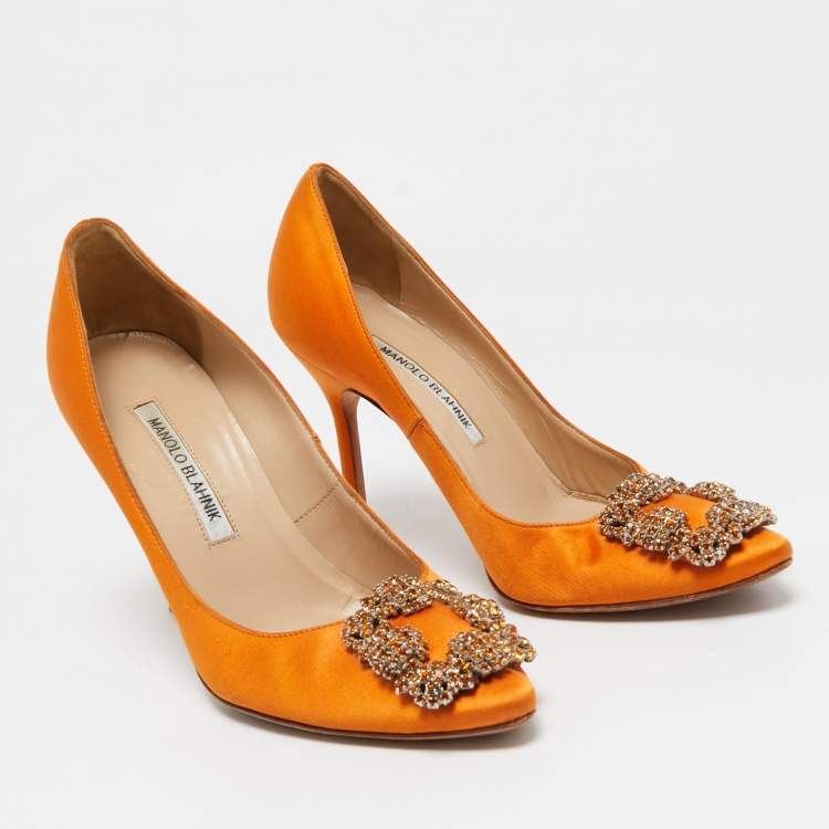 Pre Owned Manolo Blahnik Orange Satin Hangisi Crystal Embellished Pumps Size 36.5