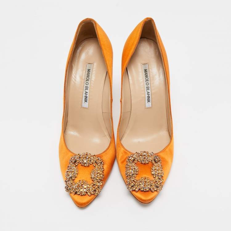 Pre Owned Manolo Blahnik Orange Satin Hangisi Crystal Embellished Pumps Size 36.5