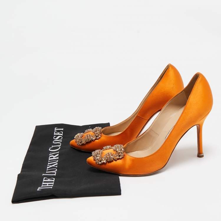 Pre Owned Manolo Blahnik Orange Satin Hangisi Crystal Embellished Pumps Size 36.5