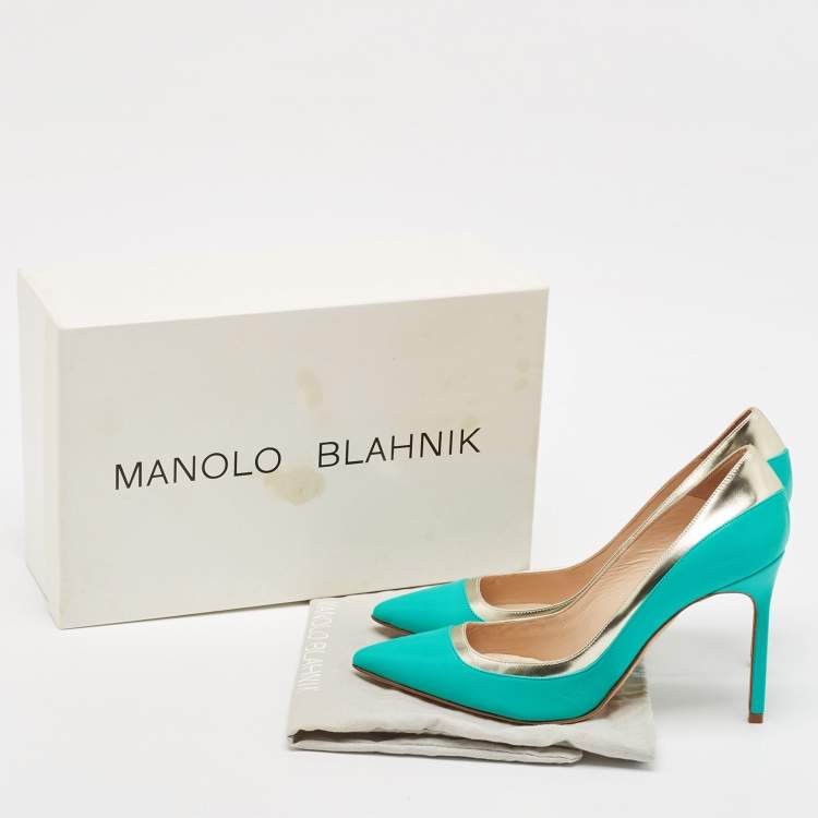 Pre Owned Manolo Blahnik Turquoise Blue Leather Pertati Pointed Toe Pumps Size 36.5