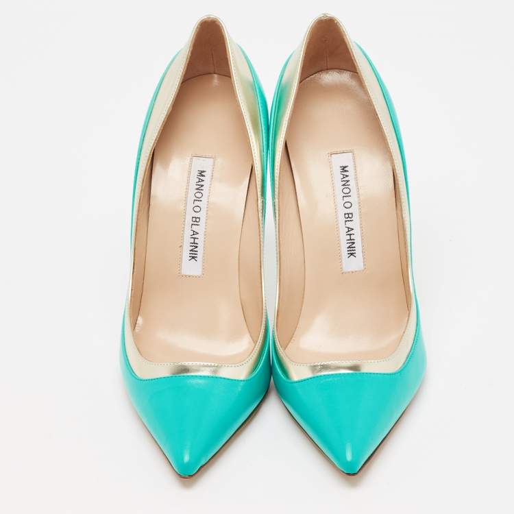 Pre Owned Manolo Blahnik Turquoise Blue Leather Pertati Pointed Toe Pumps Size 36.5