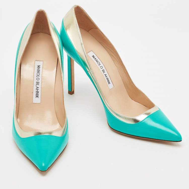 Pre Owned Manolo Blahnik Turquoise Blue Leather Pertati Pointed Toe Pumps Size 36.5