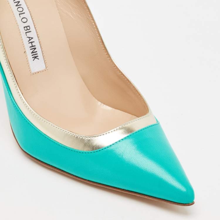 Pre Owned Manolo Blahnik Turquoise Blue Leather Pertati Pointed Toe Pumps Size 36.5